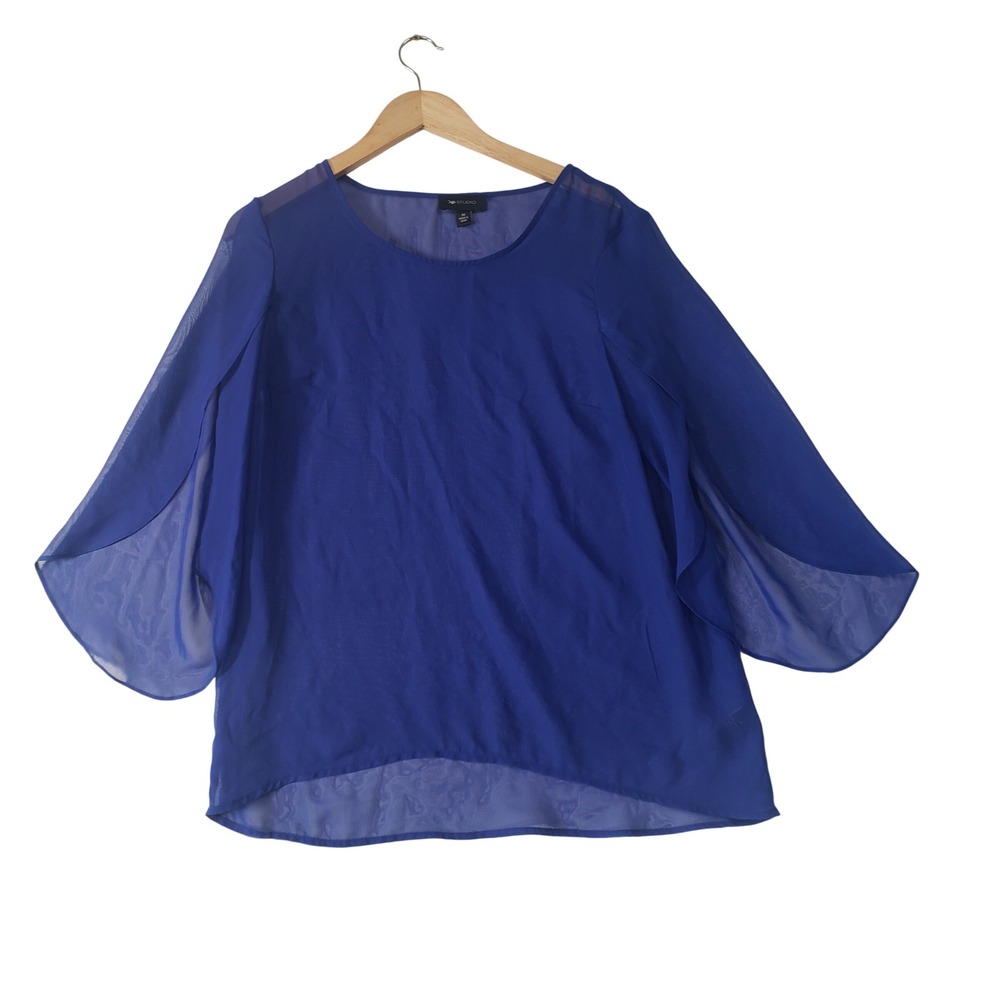 AB Studio Blouse Womens Medium Cobalt Blue‎ Sheer Split Sleeve Chiffon Layered